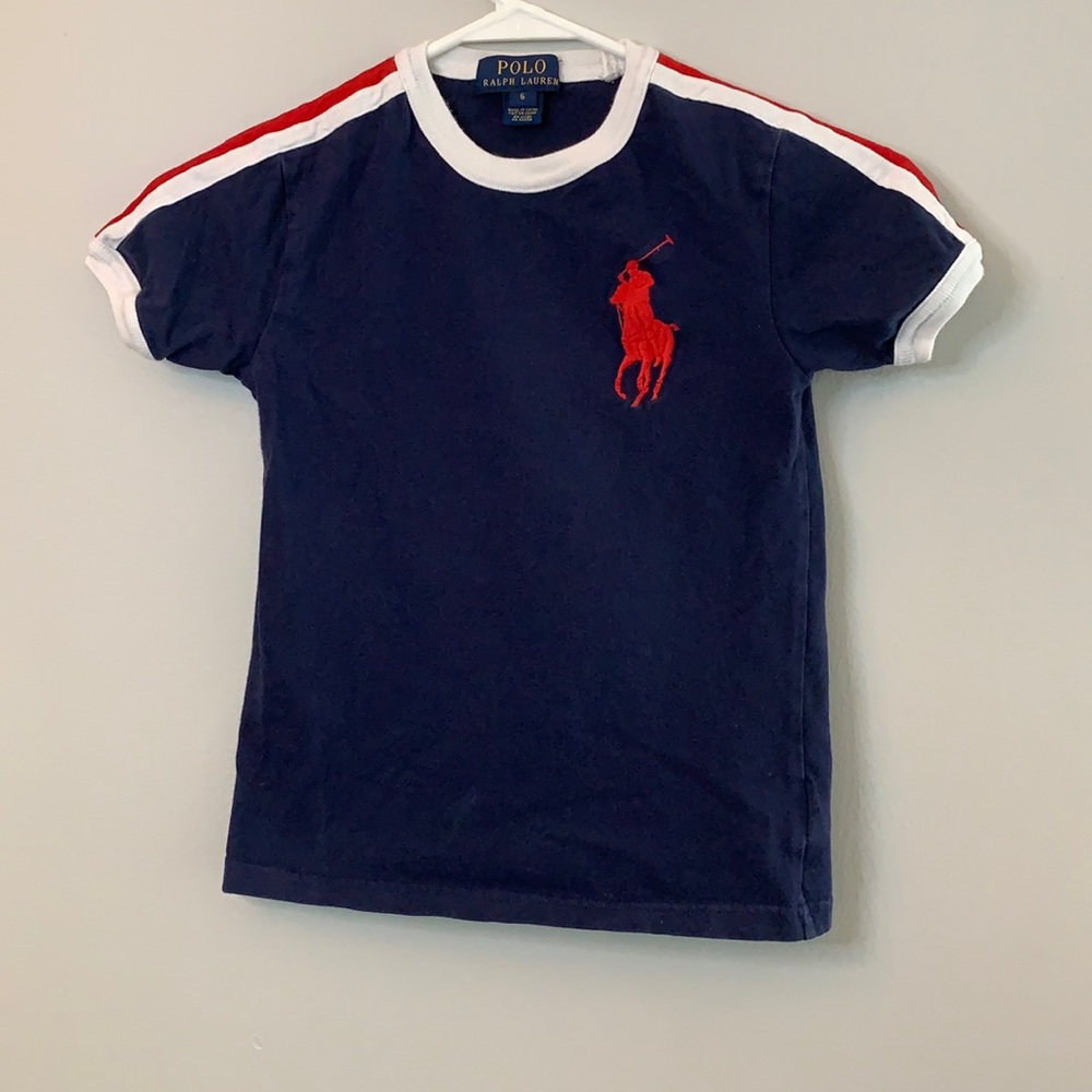 Blue polo by Ralph Lauren shirt red/white sleeves